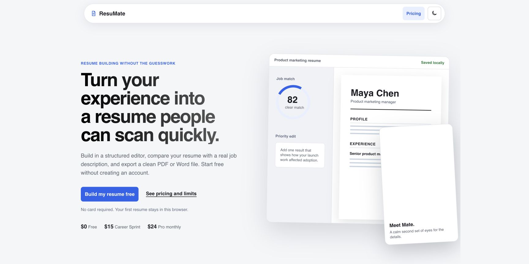 Redesigned ResuMate homepage showing its resume builder, job-match score, and Free, Career Sprint, and Pro plans.