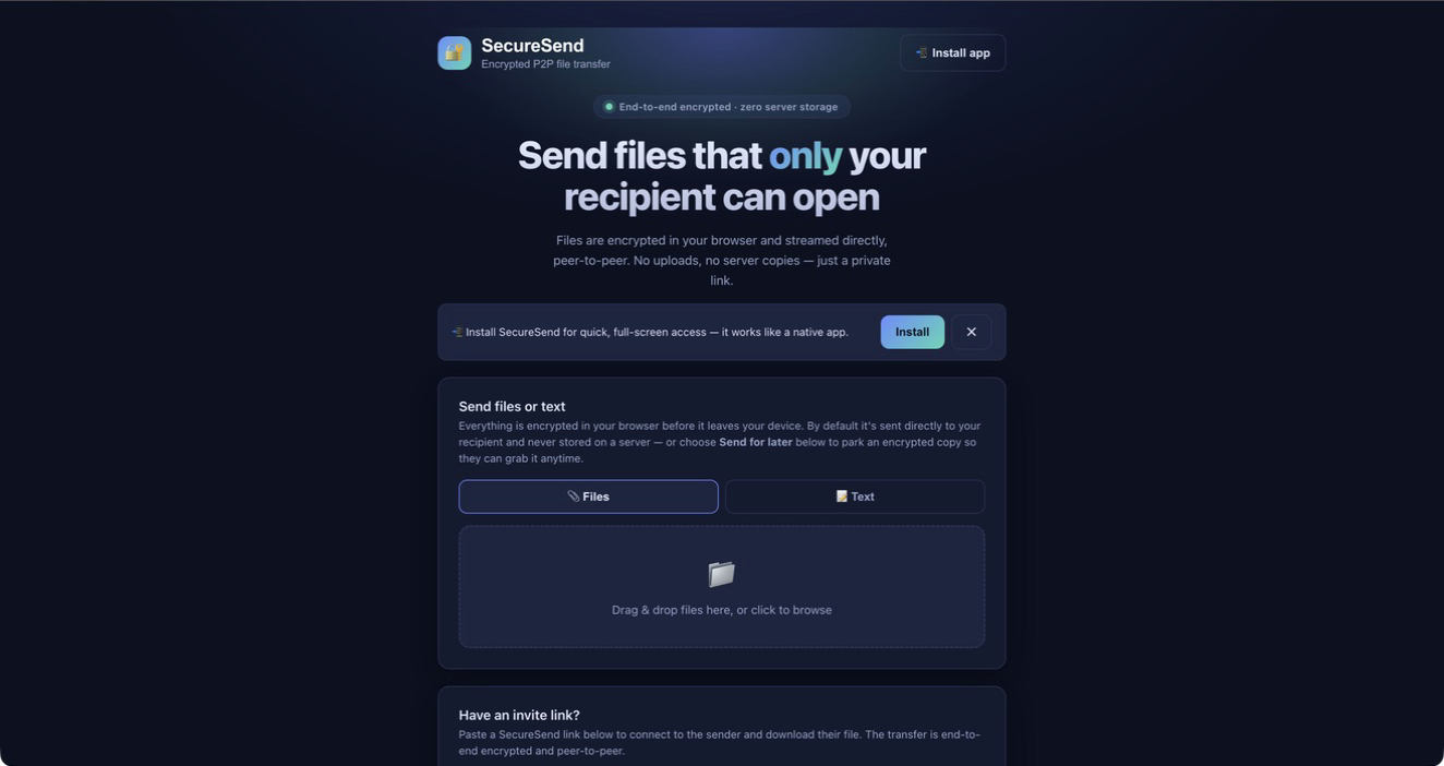 SecureSend interface for encrypted peer-to-peer file transfer